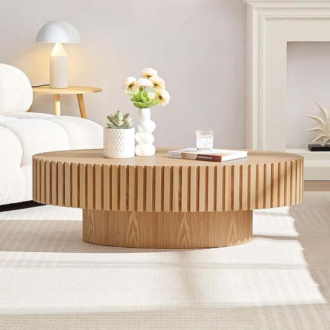 WILLIAMSPACE 43.7" Oval Coffee Table, Modern Luxury Wood Drum Center Table for Living Room, Handcraft Accent Side End Table for Apartment, 43.7"*24.8"*13.78"H (Oak)