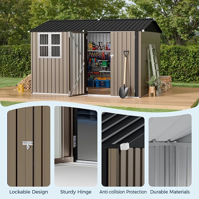 8x10 FT Outdoor Storage Shed,Metal Tool Shed with Clear Window, Lockable Doors,Large Garden Storage Box with Sloping Roof，Sheds&Outdoor Storage for Backyard Garden Patio Lawn, Brown