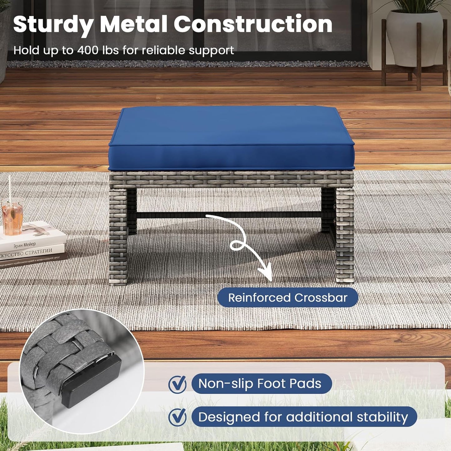 Tangkula 2 Pieces Patio PE Rattan Ottomans, Multipurpose Outdoor Footstool Footrest Additional Seating Side Table with Soft Zippered Cushions for Deck, Garden, and Yard (Navy Blue)