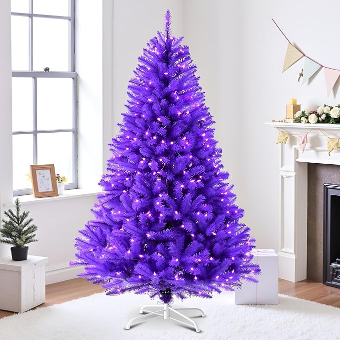 YULETIME 6.5 Feet Pre-Lit Purple Christmas Tree, Artificial Holiday Decorative Tree with UL Listed 300 Purple LED Christmas Lights with Matching Color Wire