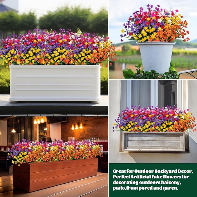Lnoicy 10pcs Artificial Flowers for Outdoor,Plastic Flowers Decoration, UV Resistant Faux Flowers Shrubs, Artificial Plants for Indoor Outside Garden Home Wedding Farmhouse(7 Colors)