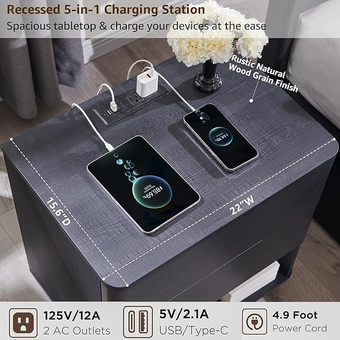 JXQTLINGMU 22" Modern Nightstand with Charging Station, Large Push-to-Open End Table, Wood Bedside Table w/Curved Profile Design, Handleless 2 Drawer Night Stand for Bedroom, Living Room, Black
