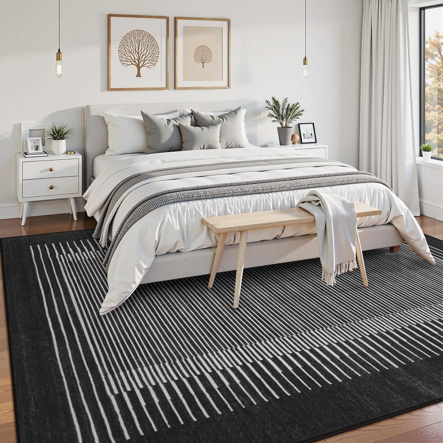Wonnitar Washable Striped 5x7 Washable Area Rug, Non-Slip Black Berber Stripe Rugs for Living Room, Low Pile Minimalist Floor Carpet Rugs for Bedroom Dining Room Home Office (Black,5' x 7')