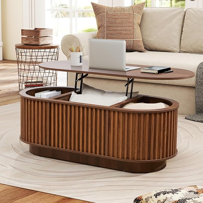 Oval Lift Top Coffee Table with Storage, 43.3”Mid Century Modern Center Table with Hidden Compartment, Fluted Wooden Lift Tabletop Dining Tables for Living Room Apartment Home Office,Walnut