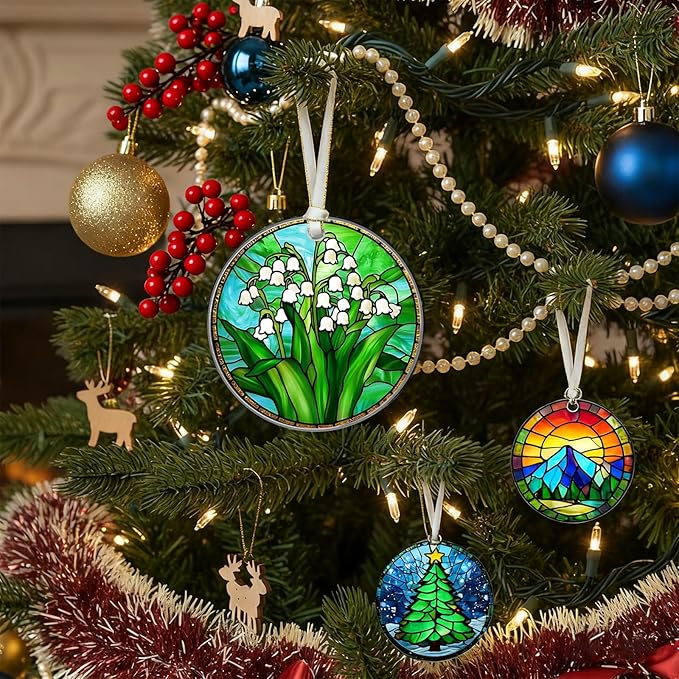 Christmas Ornaments 2025, Stained Glass Christmas Tree Decorations, Exchange for Women, Men, Collectible Dated Year Ornaments for Tree - Glass Hanging Ornament（Northern Lights）
