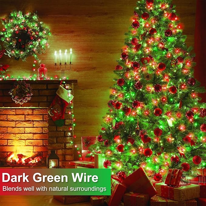 Red and Green Christmas Lights Outdoor, 100FT 300 LED Christmas Tree Lights with 8 Modes Waterproof, Plug in Green Wire String Twinkle Lights for Indoor Yard Garden Xmas Party Holiday Decorations