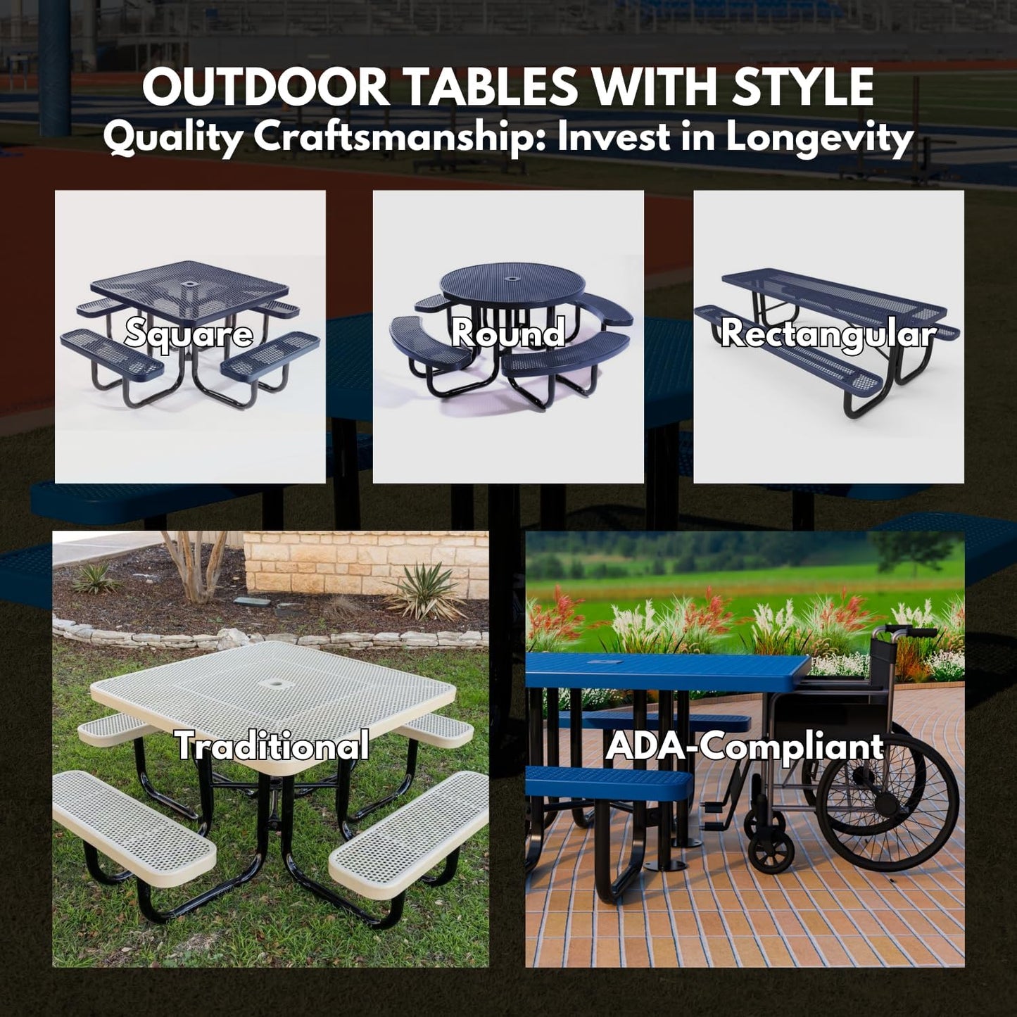 Heavy-Duty Portable Outdoor Picnic Table with Umbrella Hole, Punched Steel Commercial-Grade Patio Dining Furniture Made in America (46" Round Top, Dark Blue)