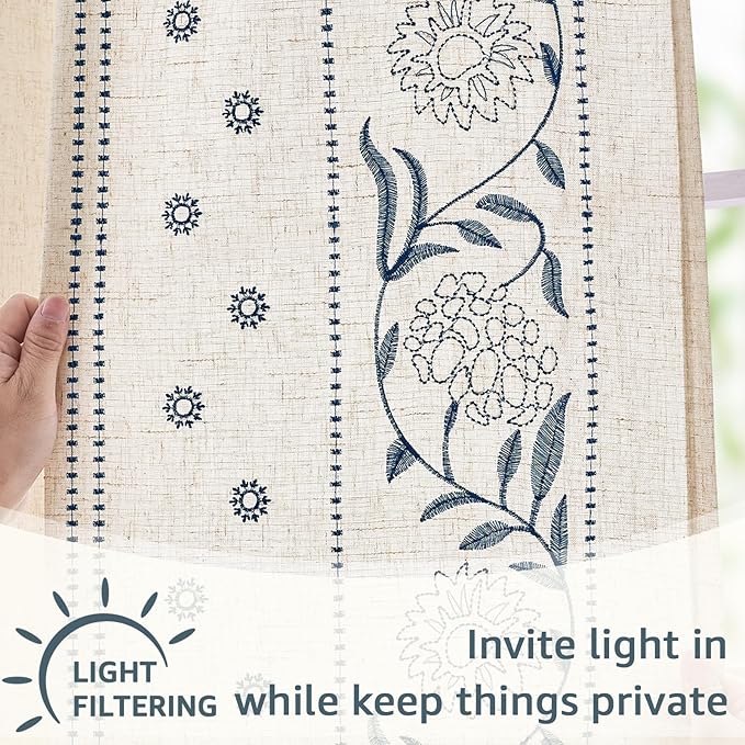jinchan Winslow 4 Panel Curtains Set 84 Inch Length Embroidered Bordered Floral Curtains for Living Room Farmhouse Decor Light Filtering Window Treatments Blue on Beige Drapes 4 Panels