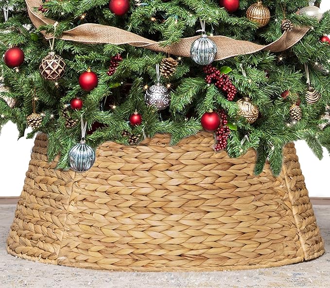 KOLWOVEN 28in Christmas Tree Collar Large to Small Christmas Tree, Woven Christmas Tree Ring Adjustable Skirt, Christmas Tree Skirt for Decoration, Base Protection from Pets (Water Hyacinth)