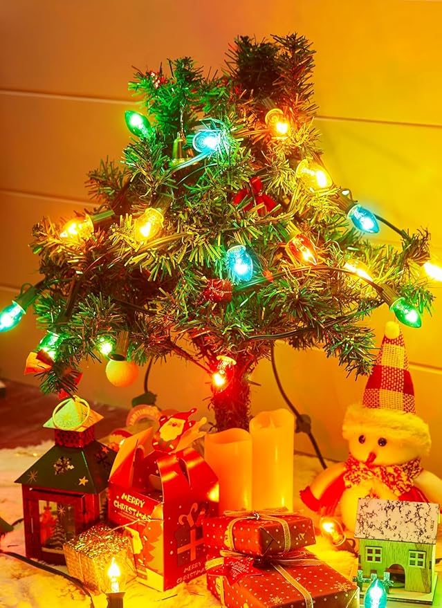 Minetom 25ft C7 Multicolor Christmas String Light Set, Vintage Christmas Tree Lights with 25 Bulbs, Outdoor Roofline String Lights for Patio Garden Holiday Indoor Wedding Home Decorating, Green Wire