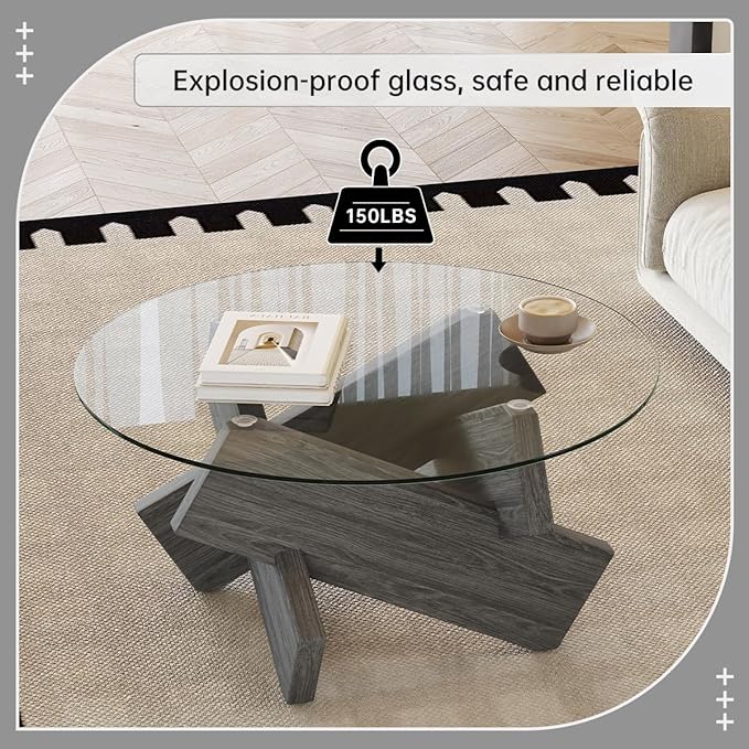 Gray Round Glass Coffee Table,33-Inch Coffee Tables for Living Room Clear Circle Accent Table Adapts to Farmhouse and Contemporary Decor