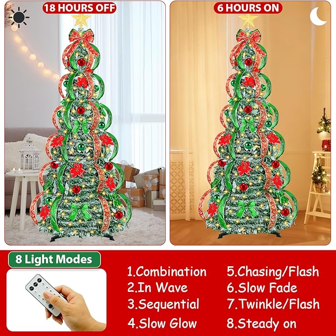 [ 8 Modes & Timer ] 6Ft Prelit Full Pop Up Flocked Pencil Christmas Tree with 200 Warm White LED Lights, Balls, Red & Green Ribbon, Bows, Plug in Collapsible Xmas Tree Outdoor Indoor Christmas Decor