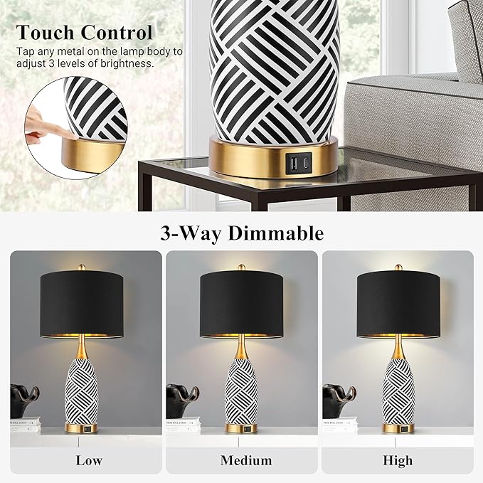 25.5" Touch Control Black and Gold Lamp,3-Way Dimmable Modern Ceramic Table Lamps with USB & Type-C Ports,Classic Black/White Striped Bedside Lamps for Bedroom Living Room Office(Bulbs Included)