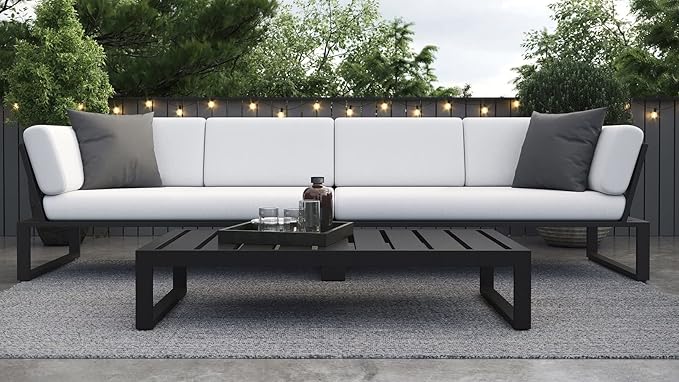 Modern Kore Outdoor Retangular Coffee Table with Powder Coated Aluminum Frame in Black