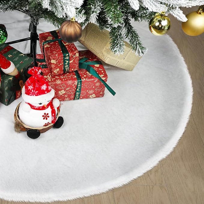 48 Inch Christmas Tree Skirt - Vonhen Extra Larger Thick Faux Fur Tree Skirt White Plush Skirt for Merry Chtistmas Party Christmas Tree Decoration