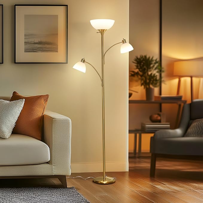 Brightech Sky Dome Double LED Floor lamp, Torchiere Super Bright Floor Lamp with 2 Reading Lamps for Living Rooms & Offices - Dimmable Tall Standing Lamp for Bedroom Reading - Tall Brass Pole