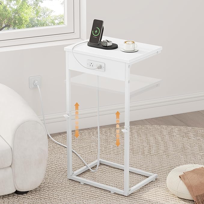 Vagusicc C Shaped End Table with Charging Station, Adjustable Height Side Table for Couch, Small End Table Small Spaces, 33.2'' Tall Couch Tables that Slide Under, Tv Tray Table for Living Room, White