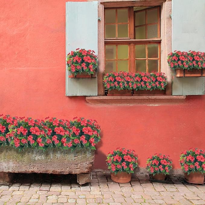 5PCS Artificial Impatiens Bouquet Flowers for Outdoors Silk Faux Flowers for Outdoor Fake Planters UV Resistant Spring Summer Indoor Decor Garden Porch Patio Window Kitchen Balcony, Red