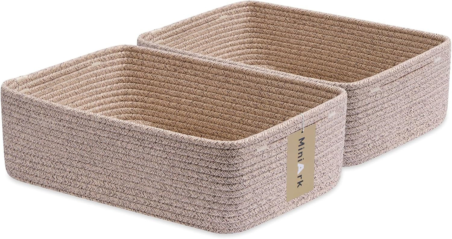 Large Shallow Organizing Baskets 15x11x5.1 Inches - Rope Woven Storage Bins for Bathroom, Shelves, Cube Closet, Mixed Brown 2 Packs