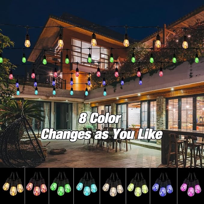 96FT Solar Outdoor String Lights, 30 Shatterproof Edison LED Bulbs, Dimmable RGB Color Changing Patio Lights with Remote, Waterproof Commercial Grade Fairy Lights for Garden, Yard