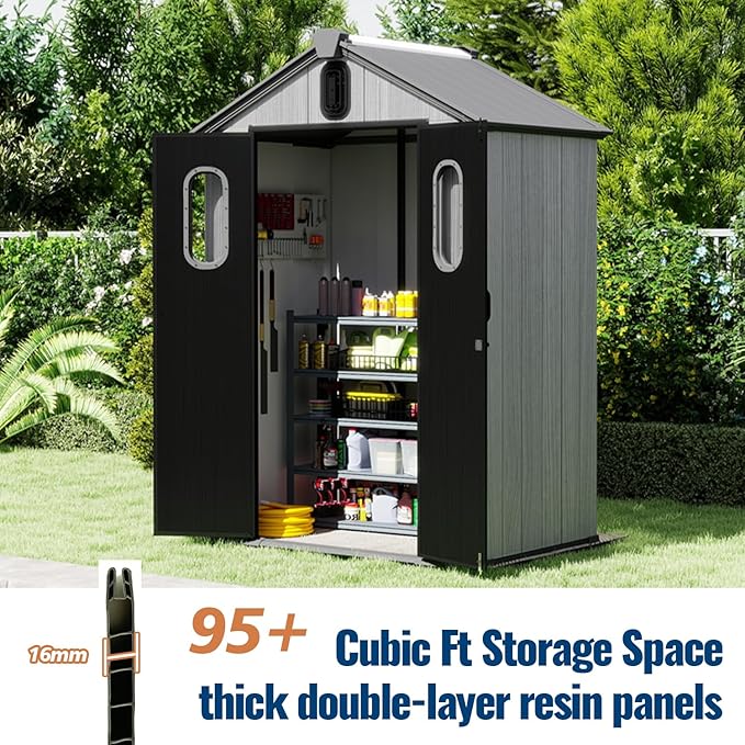 Domi 5x3Ft Resin Outdoor Storage Shed, Small Plastic Garden Shed with Carpet, Outside Weatherproof Storage Building for Tools, Bike, Lawn Mower, Patio, Backyard