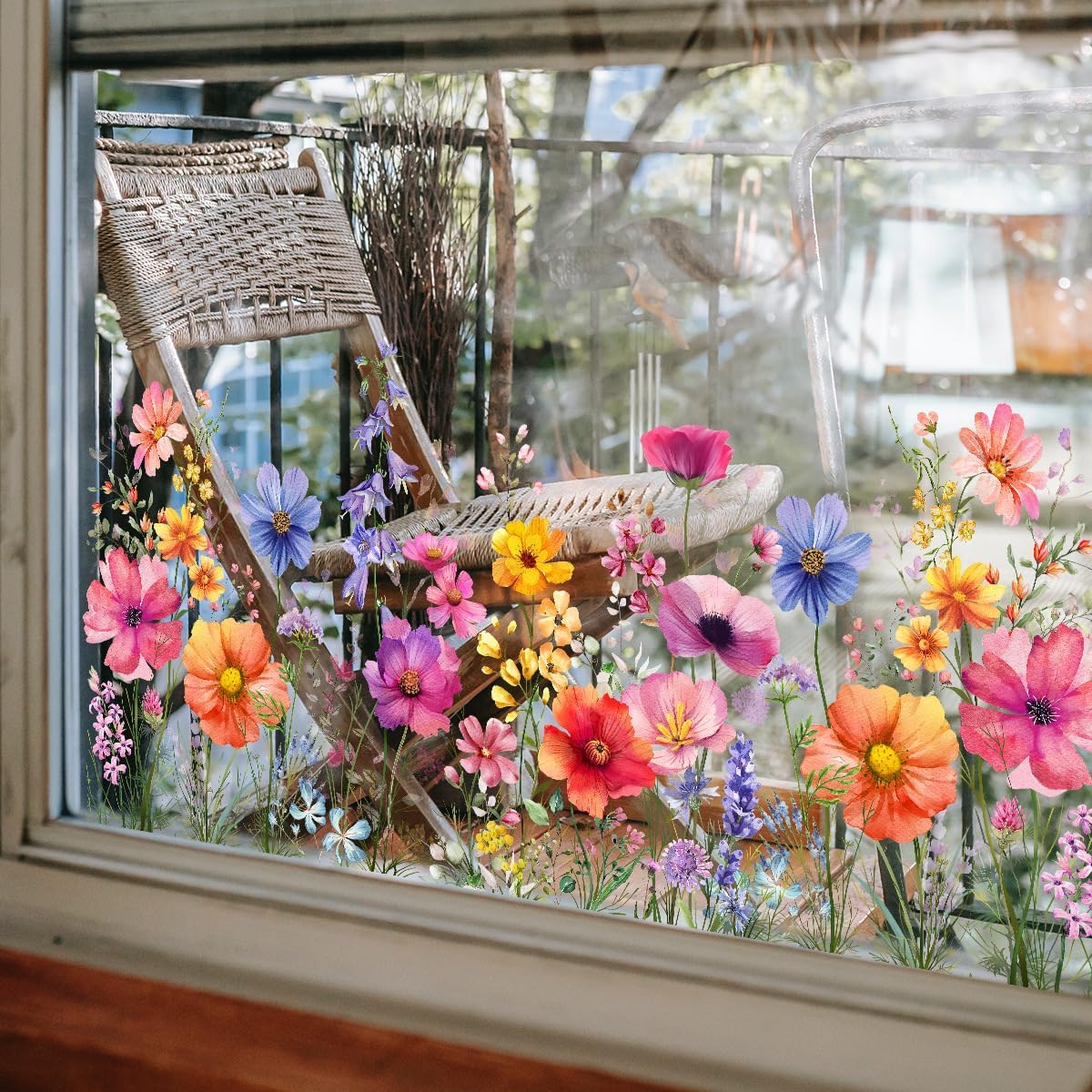 Colorful Flower Garden Window Clings, Wildflower Grass Lily Peony Poppy Floral Window Decals