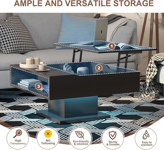 Square Lift Top Coffee Table with Storage, Black Led Coffee Table for Living Room with Large Hidden Storage, 30.7" Wood Table Led Center Table for Dining Reception Room