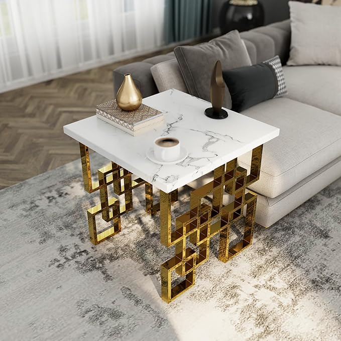 AUZ Gold End Table Set - Luxury Square Living Room White & Gold Side Table with Mirrored Geometric Base