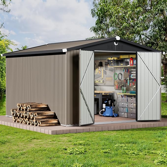 Metal Storage Shed 10x12,Outdoor Storage Building,Large Backyard Sheds with Lockable Doors,Waterproof Outside Storage Shed