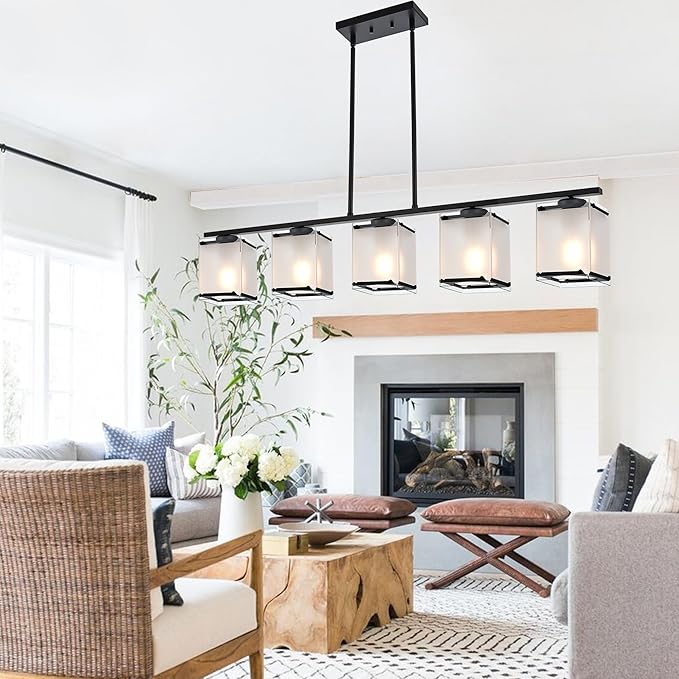 5-Light Blcak Chandeliers for Dining Room, Modern Kitchen Island Lighting with Frosted Glass Shade Linear Pendant Lighting for Dining Table Kitchen Island, Adjustable Height