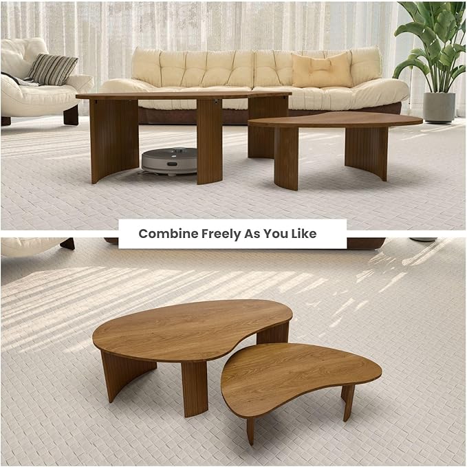 Mid Century Modern Coffee Table Set of 2, Nesting Coffee Tables with Wood Grain Veener, Fluted End Table for Living Room, Farmhouse, Walnut