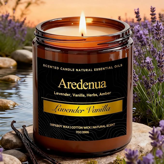 Lavender Vanilla Candle - Scented Candles for Home - 7oz Soy Candles with Relaxing Lavender & Sweet Vanilla Aroma, Long Lasting Scented Candle for Home, Bedroom, Spa, Gift for Women & Men