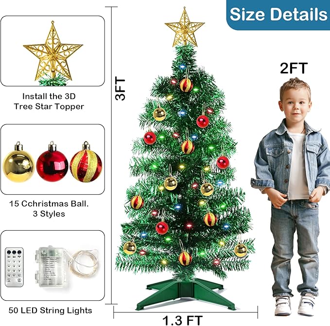 3 Ft Green Christmas Tree, 12 Modes Timer DIY 50 Multicolor Lights 15 Ball Ornaments 3D Star Battery Operated Artificial Xmas Tree for Indoor Home Holiday Party Decorations