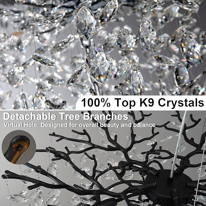 YUYI 23.6" Black Chandelier, 8-Light Modern Crystal Tree Branch Chandelier for Dining Room, Contemporary Luxury Round Raindrop Pendant Light Fixture for Living Room, Foyer, Entryway, Kitchen, Bedroom