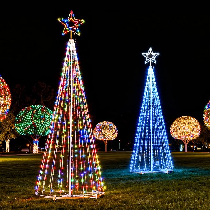12Ft RGB Outdoor Lighted Christmas Tree Lights Cone Tall Star Topped Artificial Christmas Trees Outside Decor for Xmas New Year Holiday