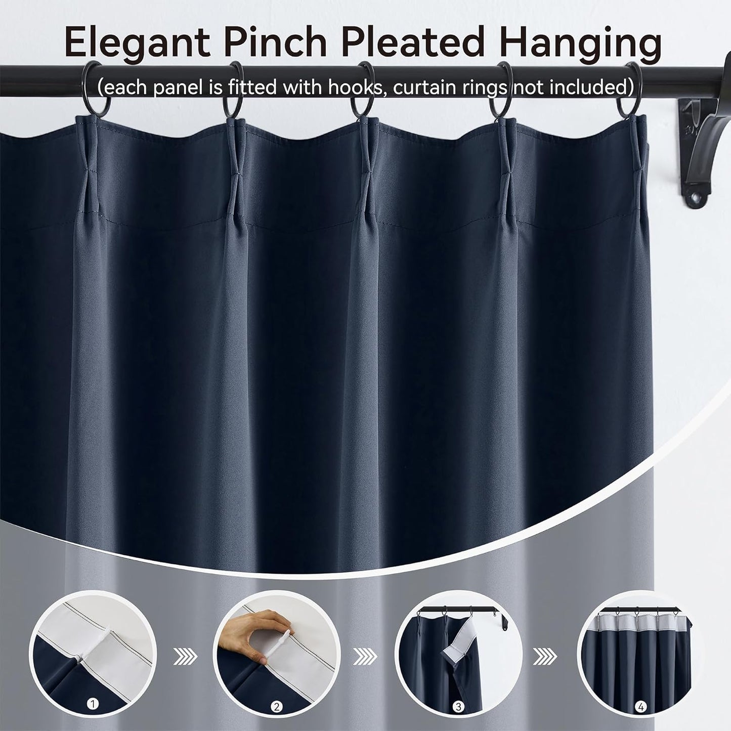 KangBang Navy Blue Pinch Pleated Curtains & Drapes 90 Inches Long for Boys Bedroom, Thermal Insulated Light Blocking Window Draperies for French Door with Hooks Track System 2 Panels, W40xL90