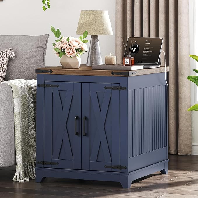Farmhouse End Tables Living Room, Large End Table with Charging Station, Square Sofa Side Table with Adjustable Shelf and Barn Door, Wooden Nightstand for Bedroom, Ink Blue and Walnut