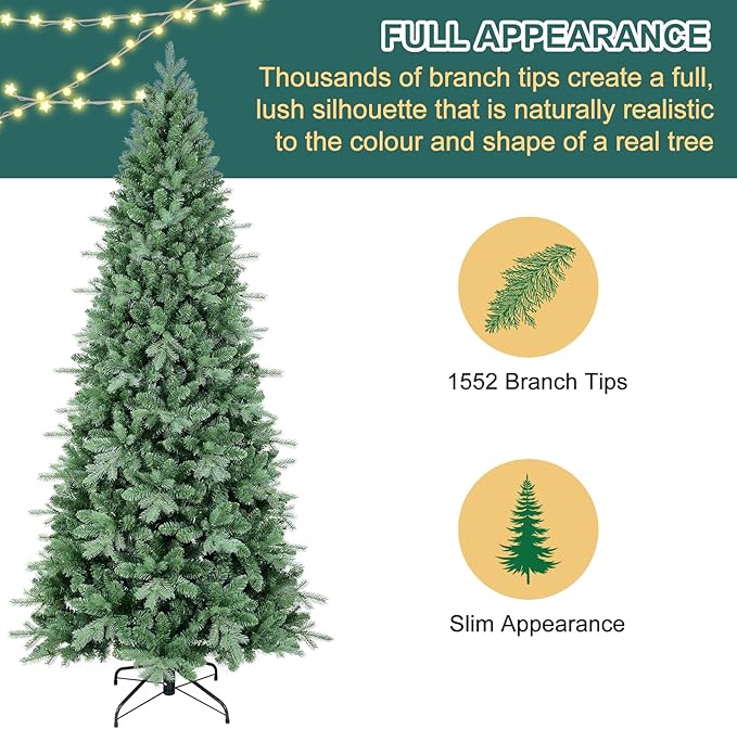 7 FT Artificial Skinny Christmas Tree,Unlit Blue Spruce Slim Pencil Xmas Tree with 1552 PE&PVC Mixed Branch Tips,Hinged Pine Tree with Metal Stand for Home Office Décor