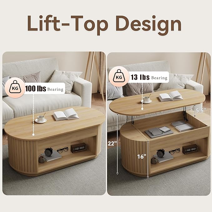 47-Inch Oval Lift Top Coffee Table with Storage Shelf for Living Room, Large Wooden Fluted Modern Center Table with 2 Tier Shelf, Modern Tea Tables with Hidden Compartment for Bedroom, Light Oak