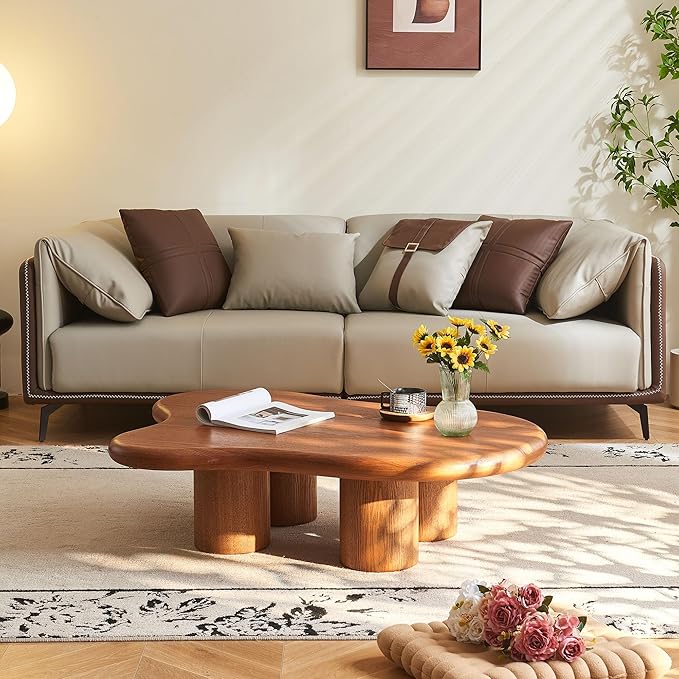 48 Inch Cloud Coffee Table, Modern Walnut Coffee Table for Living Room, Large Wood Coffee Side Table with Irregular Tabletop and 4 Sturdy Legs for Home Office Bedroom