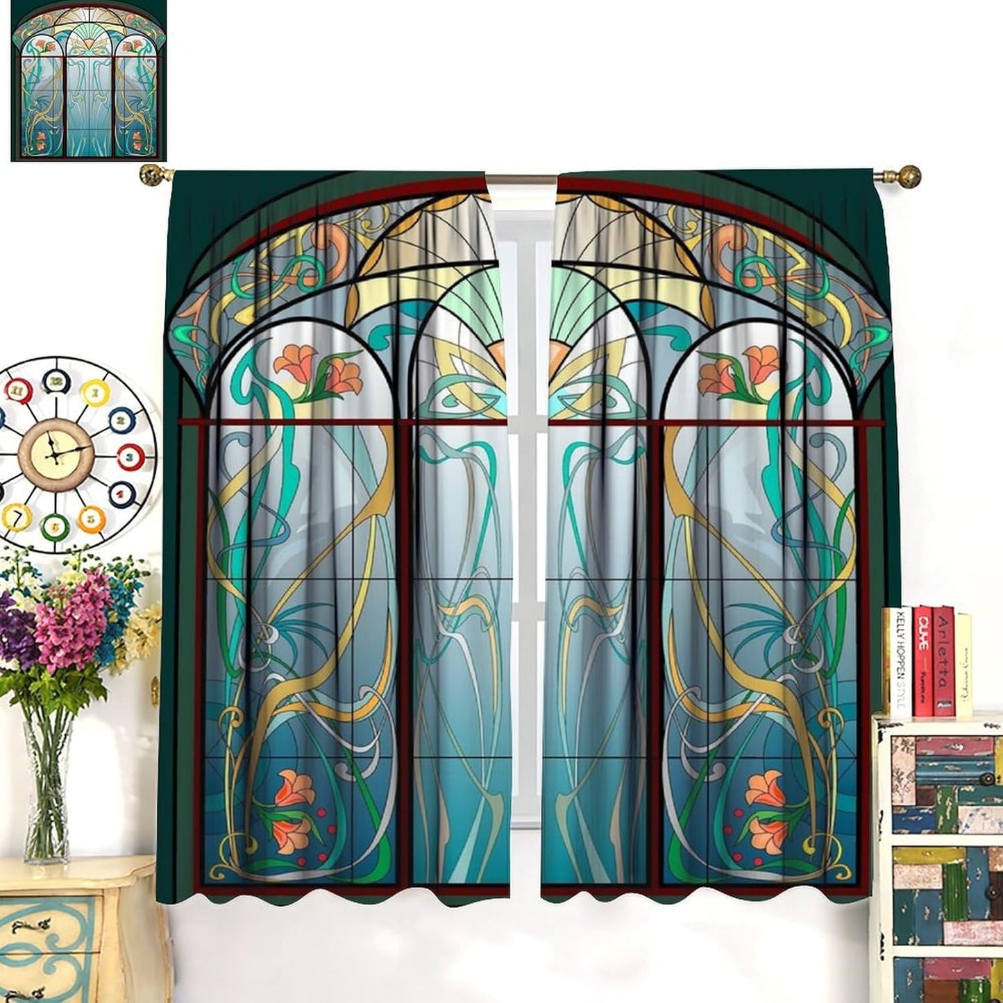 Stained Glass Curtains, Retro Mid Century Boho Abstract Art Home Decor Drapes for Bedroom Living Room Kitchen Window Treatment 2 Panels Set Total Size 63" W X 72" L Inch