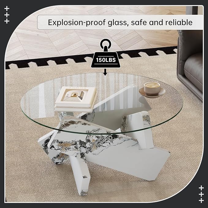 White Round Glass Coffee Table,33-Inch Coffee Tables for Living Room Clear Circle Accent Table Adapts to Farmhouse and Contemporary Decor
