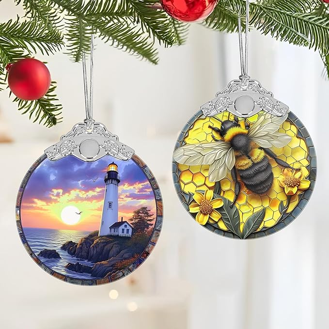 Christmas Decorations Ornaments, Stained Glass Ornament, Christmas Tree Ornaments, 2025 Gift Ornament, Xmas Gift for Friend Family Coworker - Lighthouse at Dusk