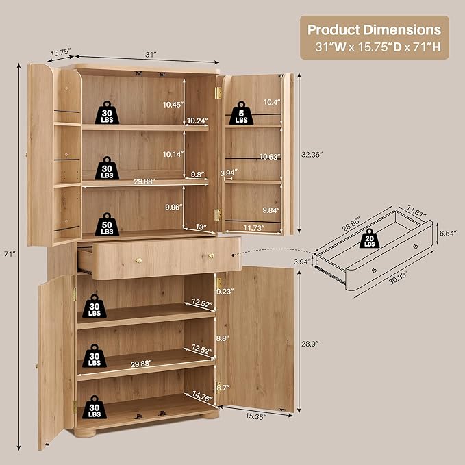 71" Tall Kitchen Pantry, Modern Curved Pantry Storage Cabinet with 4 Doors and 6 Adjustable Shelves, Cupboard for Kitchen, Dining Room, Living Room and Bathroom, Natural