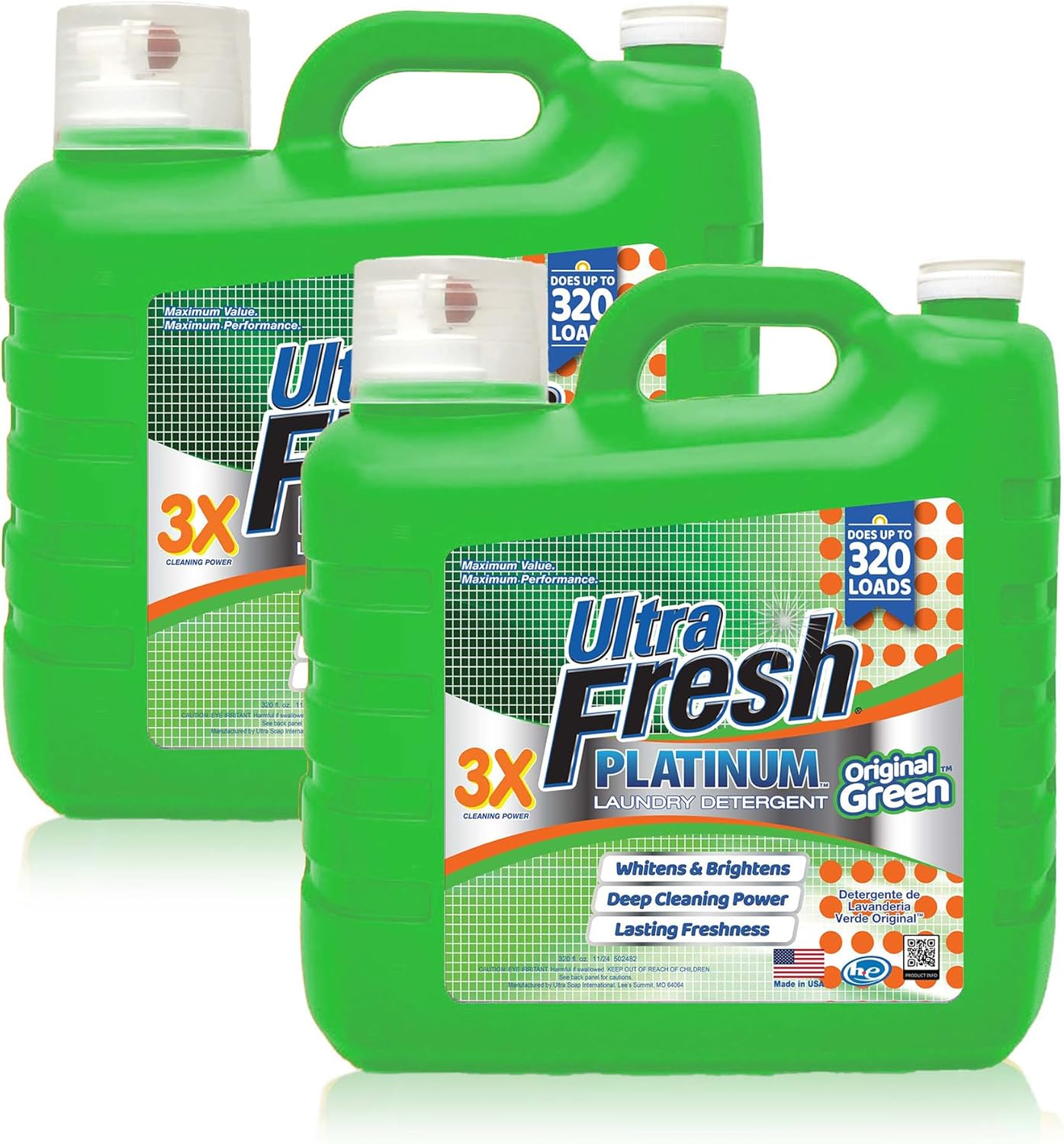 Ultra Fresh 2 Pack 3X Platinum Liquid Laundry Detergent up to 320 Loads, Original Green - Deep Cleaning Power and Fresh Scent for Washing Clothes
