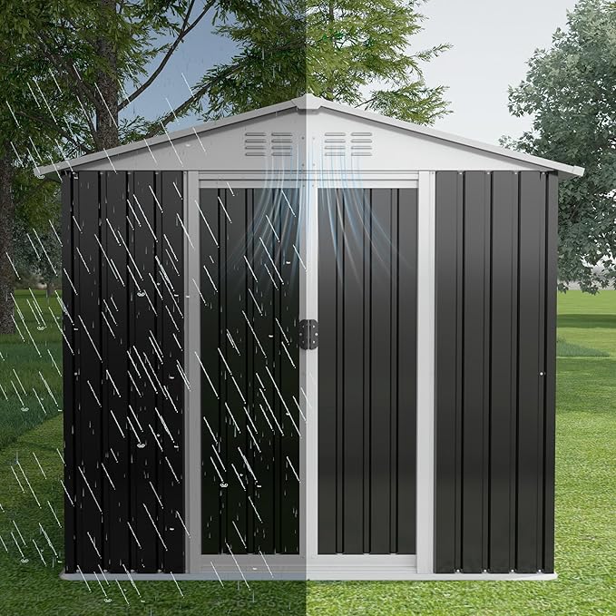 6FT x 4FT Outdoor Sheds Storage Anti-Corrosion Utility Tool House with Lockable Door & Shutter Vents Outdoor Waterproof Garden Tool Metal Storage Sheds（with Metal Foundation）