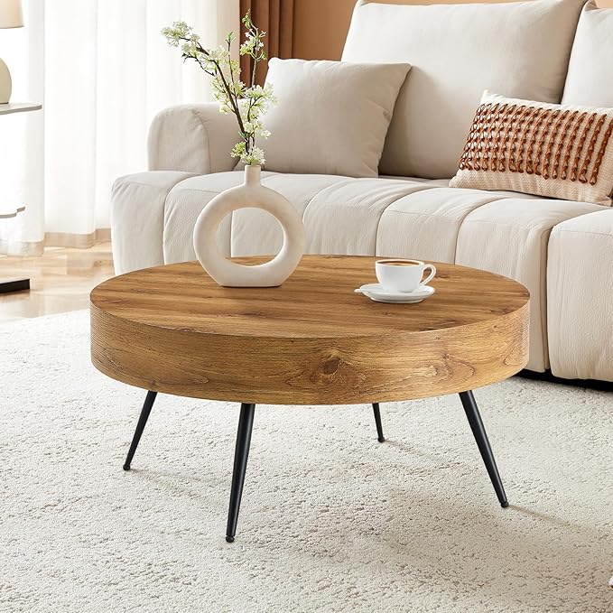 LKTART Coffee Table for Living Room, Round Wood Coffee Tables with Storage, Modern Metal Accent Center Tea Table for Apartment Small Space (31Inch-Brown)