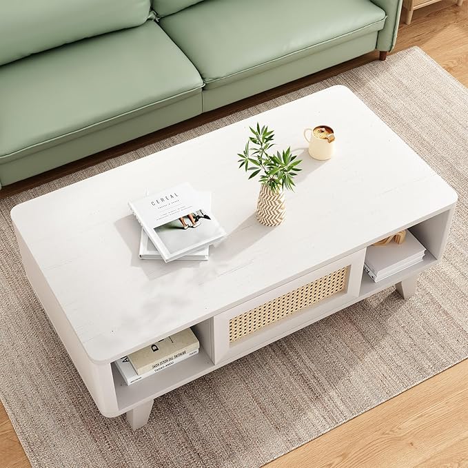 Soohow Coffee Table, Mid Century Living Room Tables with Storage, Modern Square with Rattan Drawer, Wooden Living Room Table with Solid Wood Leg