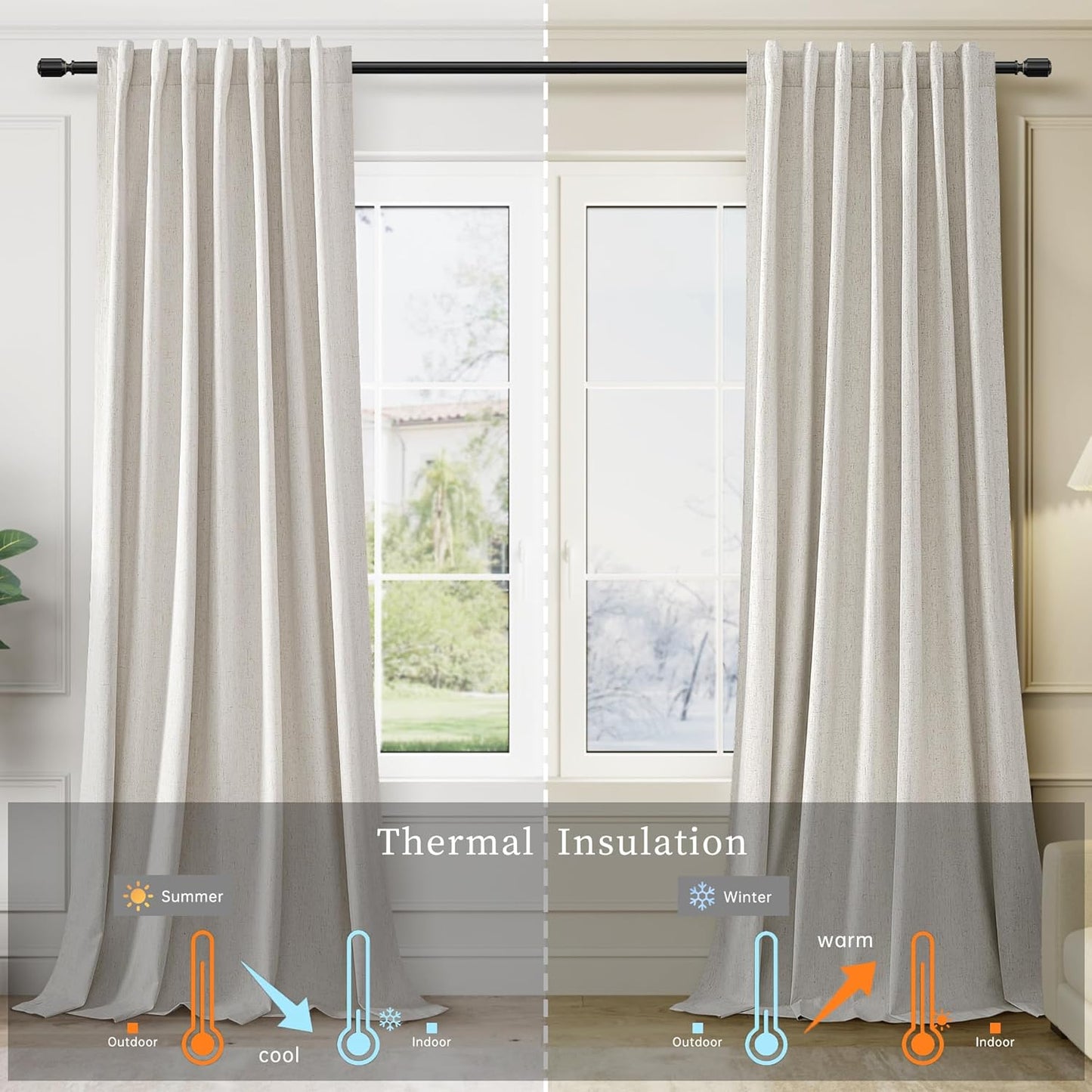 BOODII Full Blackout Curtains 90 Inches Long Room Darkening Curtain for Bedroom Sliding Door Thermal Insulated Black Out Curtains & Drapes Natural Neutral Linen 2 Panels Set Back Tab 52x90
