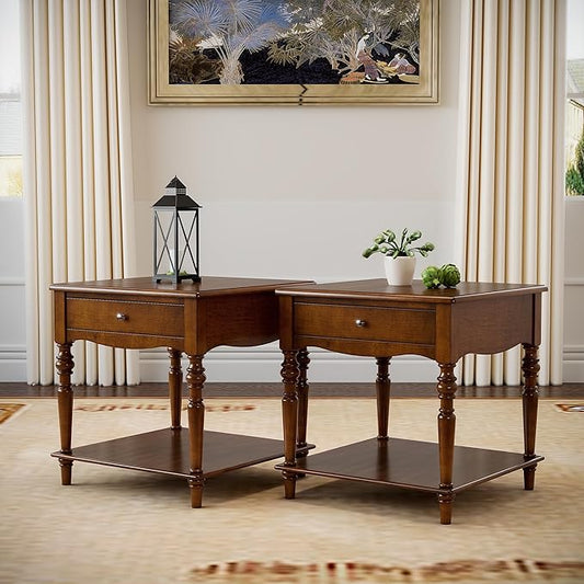 2-Set Solid Wood End Table with Drawer and Storage Shelf, Anne Queen Designed Beside Table with Solid Wood Roman Legs, Square Accent Tables and Meeting Table for Living Room, Bedroom Cherry Brown